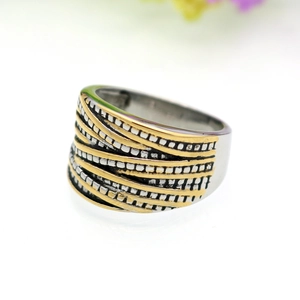 Two-tone stainless steel cable ring with silver beaded texture and gold mirror finish