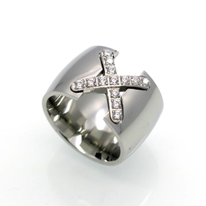 Polished titanium steel X-shaped cross ring with micro-paved sparkling cubic zirconia