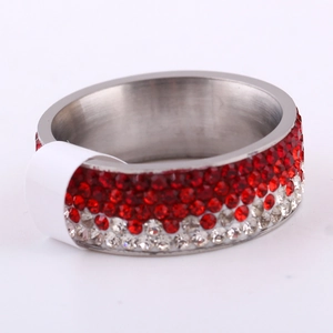 8MM stainless steel ring with red and white gradient crystals in a wide band design