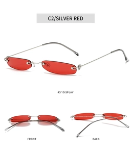 Detailansicht der Retro randlosen ovalen Sonnenbrille in Silber-Rot mit drei Blickwinkeln