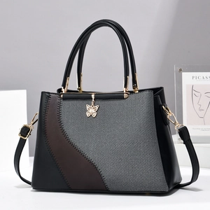Women Patchwork Color Block Shoulder Bag With Butterfly Pendant Contrast Color Handbag Elegant PU Fabric Crossbody Tote Bag