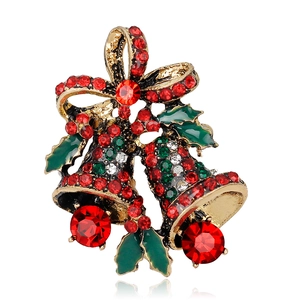 Weihnachtsglocken Brosche mit roter Schleife und grünen Steinen auf Goldlegierung