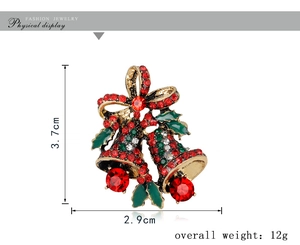 Detailed technical diagram of a red and green Christmas bell brooch with size and weight specs