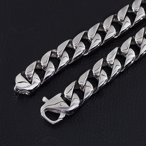 Polished 15mm silver stainless steel Cuban link necklace with heavy-duty spring clasp