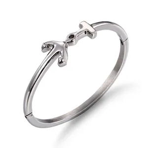 Polished 316L Stainless Steel Bangle Bracelet For Women With Nautical Anchor And T-Shape Element Modern Fashion Jewelry