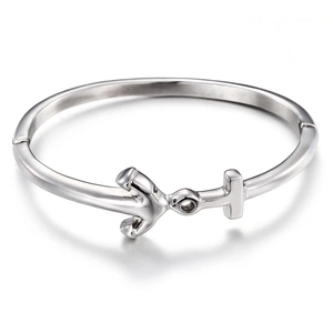 Polished stainless steel anchor cuff bracelet for women with minimalist nautical design