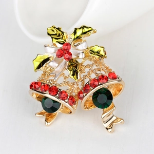 Festive Christmas bell brooch with red rhinestones and green enamel leaf detail
