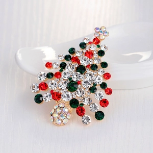 Golden Christmas tree brooch featuring vibrant red, green, and white rhinestones and AB crystals