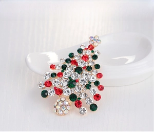 Detailed close-up of a KC gold Christmas tree brooch with colorful sparkling rhinestones