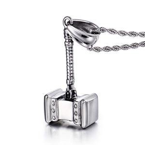 Polished stainless steel Mjolnir hammer pendant necklace for men on a twisted metal chain