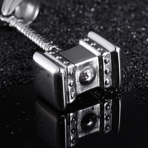 Polished Mjolnir hammer pendant necklace in stainless steel with textured details