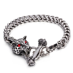 Bracelet chaîne en acier inoxydable pour homme avec fermoir léopard aux yeux rouges