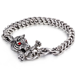 Bracelet rétro en acier inoxydable maille gourmette avec tête de tigre et gemmes rouges
