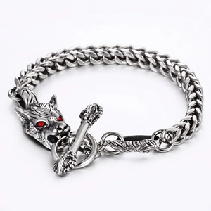 Bracelet dragon en acier inoxydable avec fermoir tête de loup et yeux rouges