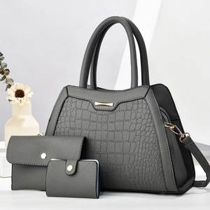 Three-piece dark grey handbag set featuring荔枝 texture and gold hardware detailing