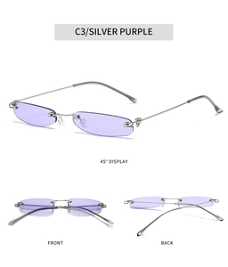Detailansicht der kleinen randlosen Sonnenbrille mit lila Gläsern und Silberbügeln