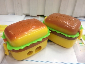 Detailed macro view of the realistic hamburger pencil sharpener with double-hole design
