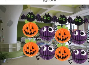 Detail of hanging Halloween 3D honeycomb paper set with 20cm pumpkin bat and spider