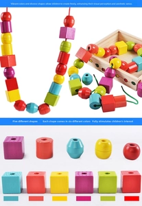 Detail of colorful wooden geometric beads with holes for fine motor skill training