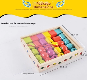 Educational wooden lacing beads set in a storage box with a sliding clear lid