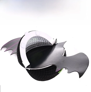 Detail of a 3D Halloween honeycomb paper bat decoration with purple stripe wings