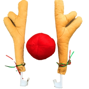 Detail of plush reindeer antlers and red nose with car window hooks for holiday decoration