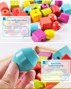 Close-up of colorful wooden beads with smooth edges and safe water-based paint finish