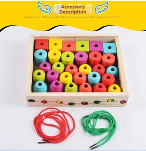 Detailed view of wooden educational bead set with colorful blocks and threading strings