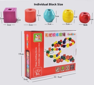 Detailed dimensions of colorful wooden blocks and the storage box for educational play