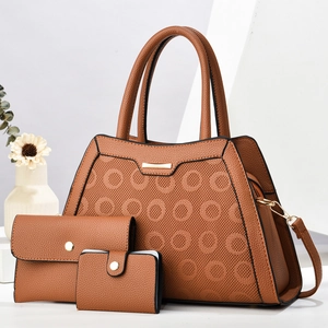 Ensemble de sacs à main marron pour femmes en cuir grainé avec motif circulaire embossé