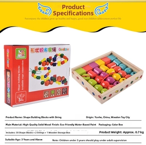 Detailed set of 30 wooden geometric beads with lacing strings for kids cognitive learning