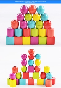 Macro detail of assorted colorful wooden geometric building blocks for kids
