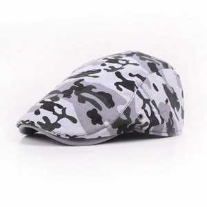 Grey camouflage flat cap with metallic eyelets for outdoor casual military style wear