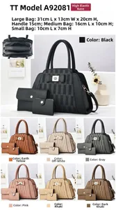 Detailed size chart for the three-piece handbag set with bow accent and plaid pattern