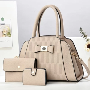 Women Tote Bag Shoulder Bag Wallet And Card Holder PU Leather Litchi Grain Grid Embossed Bow Elegant Winter Fashion Commuter