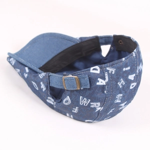 Blue denim newsboy cap with white letter print and adjustable metal buckle back