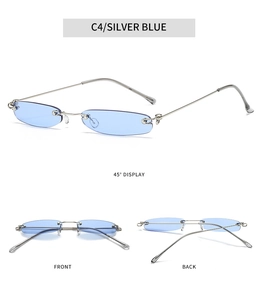 Detailansicht der kleinen ovalen randlosen Sonnenbrille mit silbernen Bügeln und blauen Gläsern