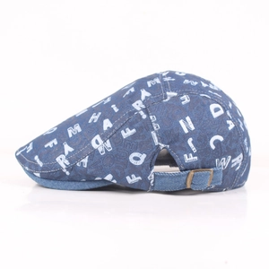 Blue denim flat cap with white letter prints and adjustable metal buckle strap