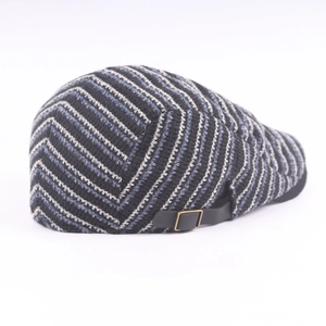 Classic striped knit peaked cap for winter with side leather adjustment buckle