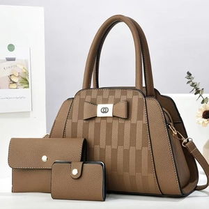3-Piece brown tote bag set with textured faux leather, bow detail, and matching wallets