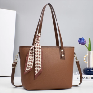 Brown litchi leather tote bag with houndstooth silk scarf and detachable strap