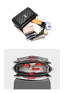 Détail du sac à bandoulière matelassé noir montrant l'intérieur multi-compartiment organisé