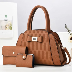 Three-piece brown tote bag set with textured leather and gold hardware detail