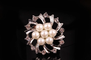 Dettaglio della spilla a ghirlanda con perle e petali in argento con strass
