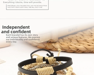 Detail view of multi-layer leather bracelet set with turquoise and wooden beads