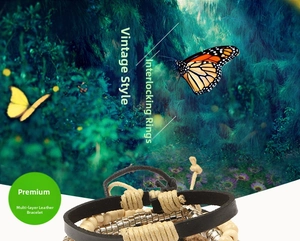 Detail of multilayer leather bracelet with turquoise feather pendant and wooden beads