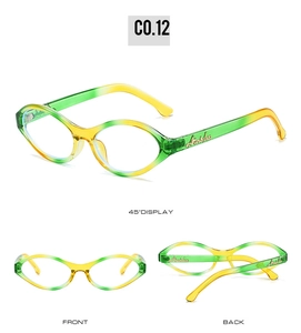 Detailed views of vintage cat-eye glasses with green-yellow gradient and gold Aisha logo