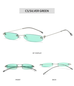 Detailansicht der schmalen ovalen randlosen Sonnenbrille mit silbernem Metallrahmen