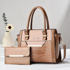 Elegant light coffee patent leather handbag and wallet set with crocodile texture pattern