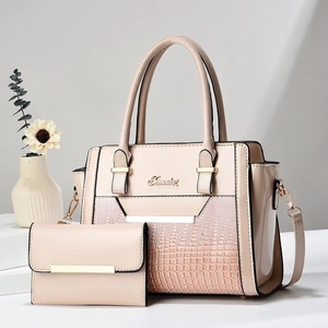 Pink faux leather crocodile pattern tote bag set with matching long wallet and shoulder strap